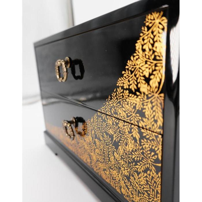 VINTAGE Japanese Black Lacquered Wooden Two-Drawer Chest with Gold Botanical Pattern – Traditional Mini Tansu