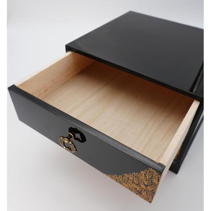 VINTAGE Japanese Black Lacquered Wooden Two-Drawer Chest with Gold Botanical Pattern – Traditional Mini Tansu
