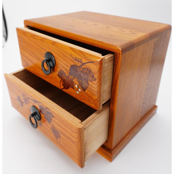 VINTAGE Japanese Wooden Two-Drawer Chest with Grape Vine Pattern – Traditional Mini Tansu