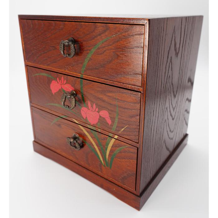 VINTAGE Japanese Wooden Three-Drawer Chest with Red Floral Iris Pattern – Traditional Mini Tansu