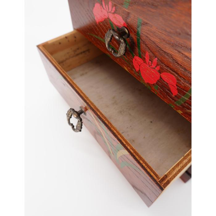 VINTAGE Japanese Wooden Three-Drawer Chest with Red Floral Iris Pattern – Traditional Mini Tansu