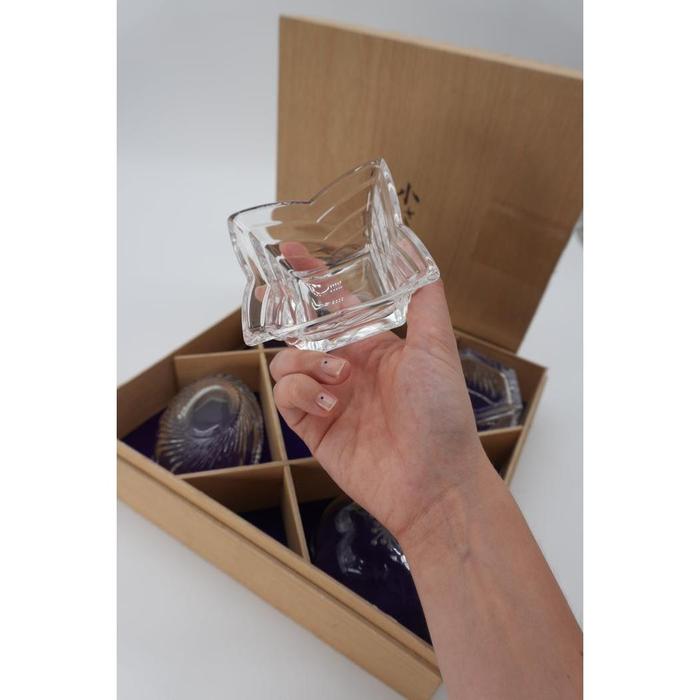 VINTAGE Japanese Glass Kobachi Bowl Set – 5 Small Bowls in Different Shapes with Decorative Wooden Box