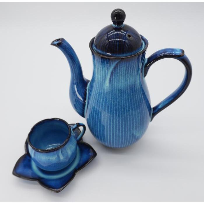 VINTAGE Japanese Blue Ceramic Coffee Set – Cobalt Blue Pot with 5 Cups & Saucers, Kinya Glaze Flower Pattern