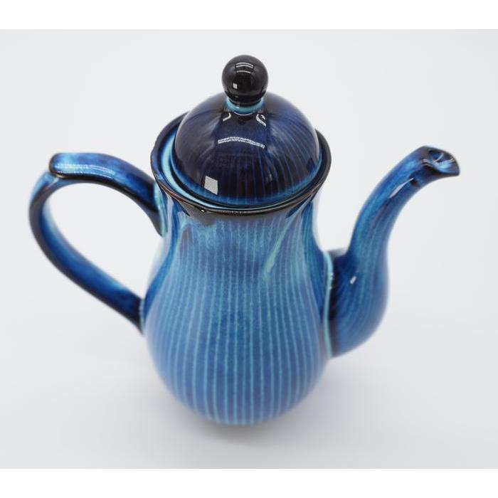 VINTAGE Japanese Blue Ceramic Coffee Set – Cobalt Blue Pot with 5 Cups & Saucers, Kinya Glaze Flower Pattern