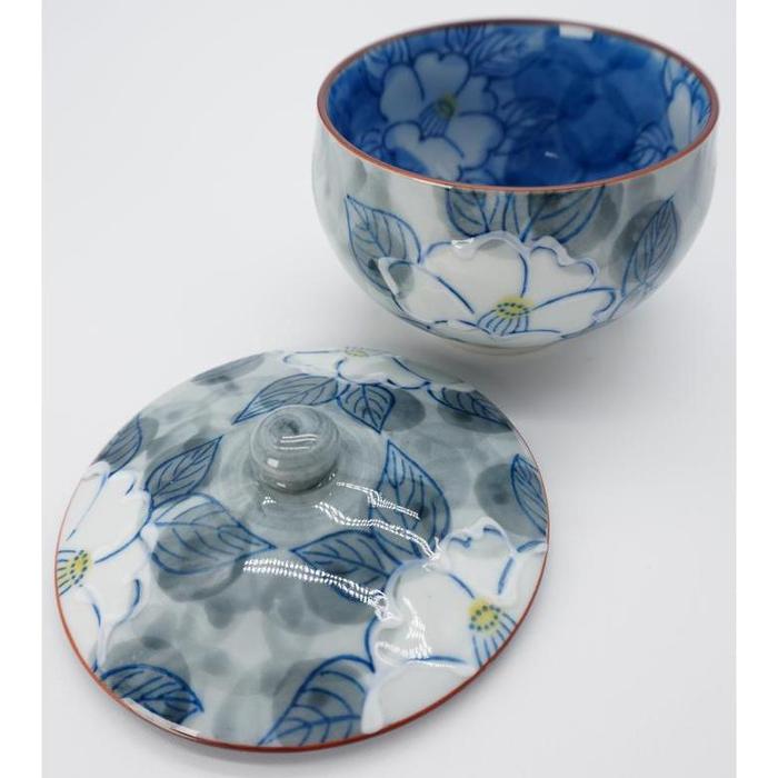 VINTAGE Japanese Arita Ware Chawanmushi Bowl with Lid – Blue and White Camellia Floral Pattern