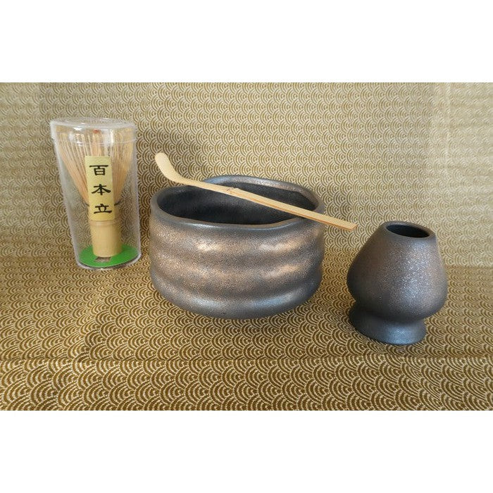 Handmade Coarse Ceramic Tea Utensils Set – Tea Bowl, Chasen, Chasen Stand, and Tea Scoop for Traditional Matcha Preparation *5 variants