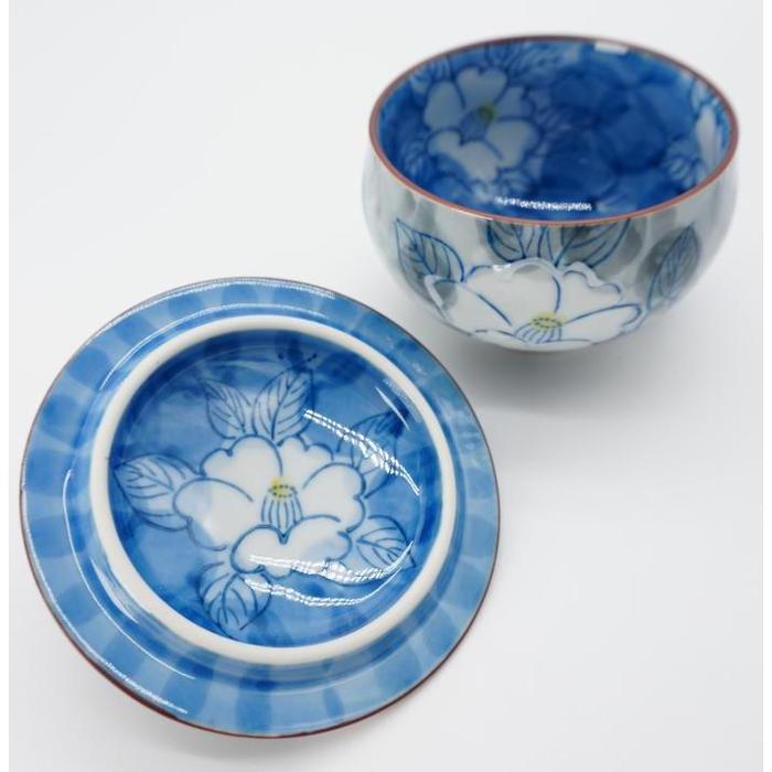 VINTAGE Japanese Arita Ware Chawanmushi Bowl with Lid – Blue and White Camellia Floral Pattern