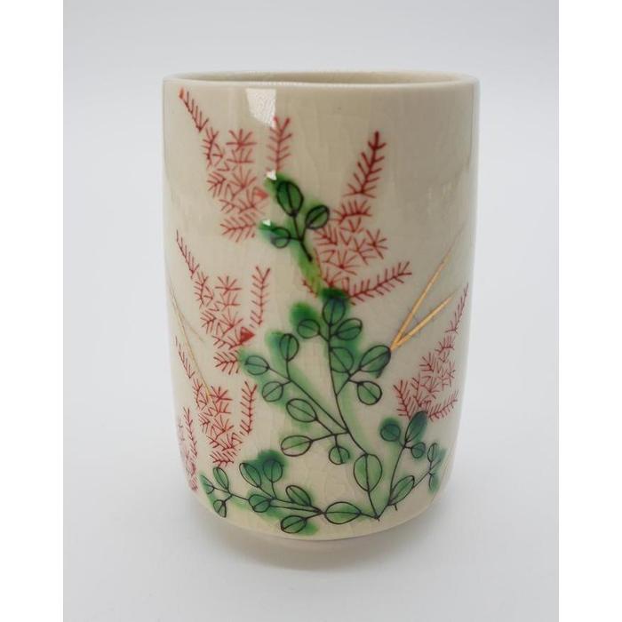 VINTAGE Japanese Kutani Ware Yunomi Tea Cup with Red and Green Botanical Pattern – Crackle Glaze