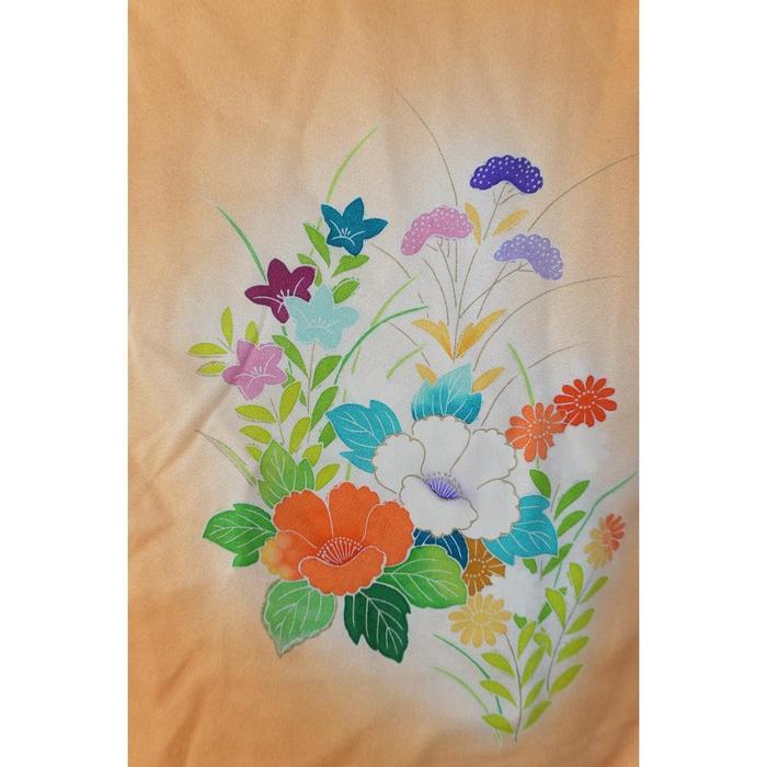 Vintage Silk Women Kimono – Yellow with flowers, For Height 155-165cm (maximum height for those who don't require an ohashori)