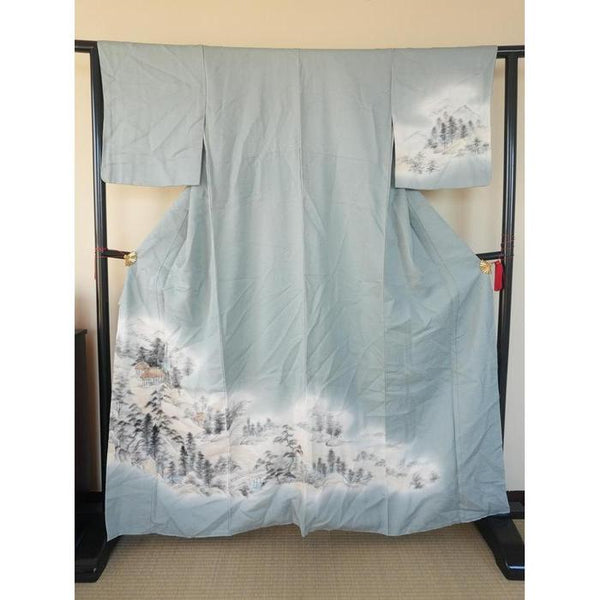 VINTAGE Kimono kosode Light Blue with village pattern For Height 160-170cm (maximum height for those who don't require an ohashori)