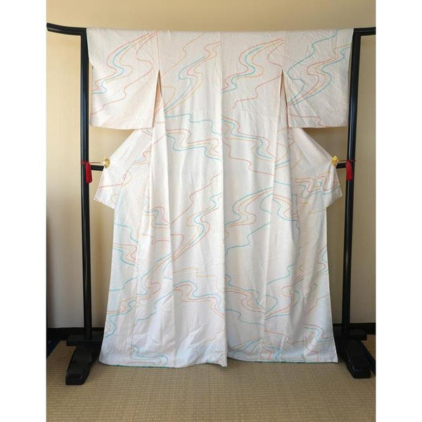 VINTAGE Silk Kimono kosode Cream with blue and yellow stipes For Height 162-172cm (maximum height for those who don't require an ohashori)