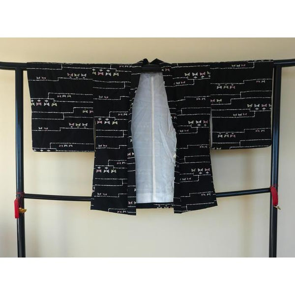 Vintage Cotton Haori – Black with Ribbons, Universal Size