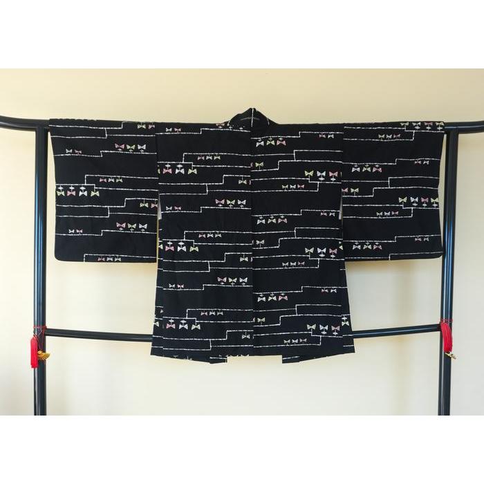 Vintage Cotton Haori – Black with Ribbons, Universal Size