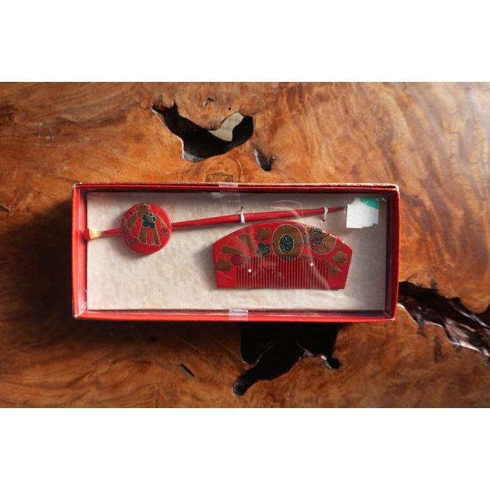Vintage Japanese Kanzashi Hair Set – Red & Gold (Comb + Hairpin)