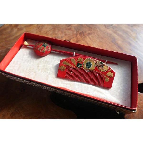 Vintage Japanese Kanzashi Hair Set – Red & Gold (Comb + Hairpin)