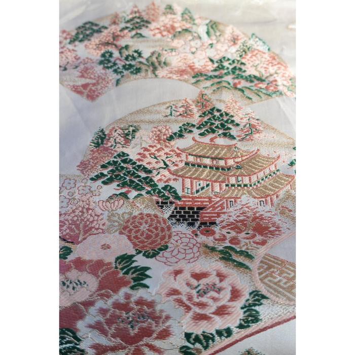 Vintage Japanese Obi Decorative - Beige kimono with pink village