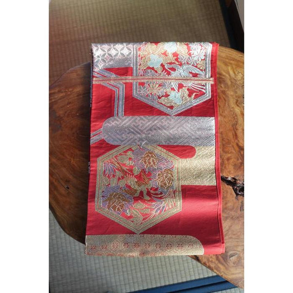 Vintage Japanese Obi Decorative - Red with Gold Birds