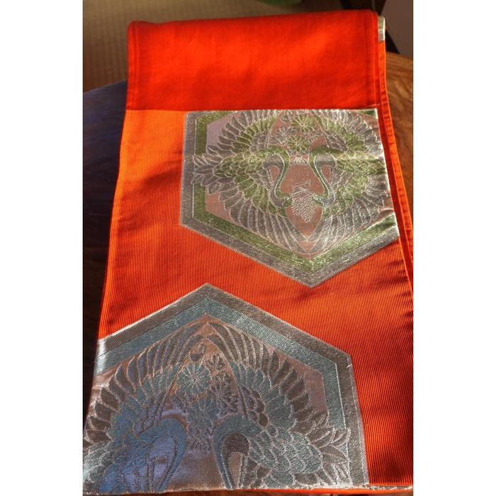 Vintage Japanese Obi Decorative - Orange with birds