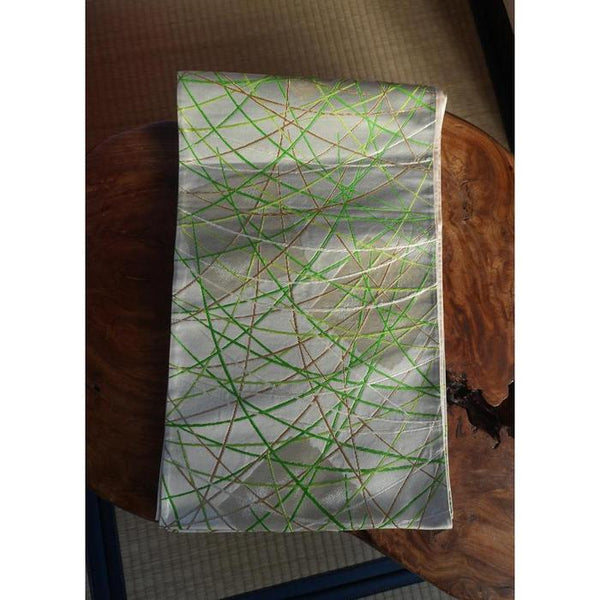 Vintage Japanese Obi Decorative - Beige with Green Stripes