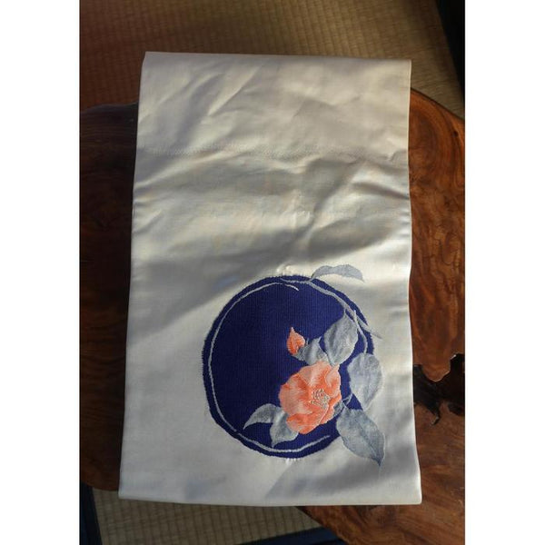 Vintage Japanese Silk Obi Decorative - Blue Circle and Flower
