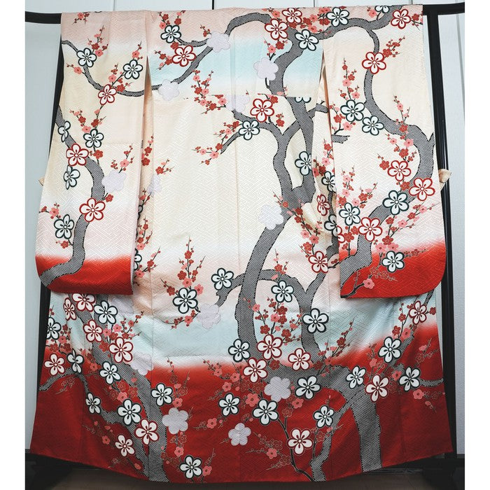 VINTAGE-  Kimono typu furisode kwiaty momo na wzrost 157-169cm