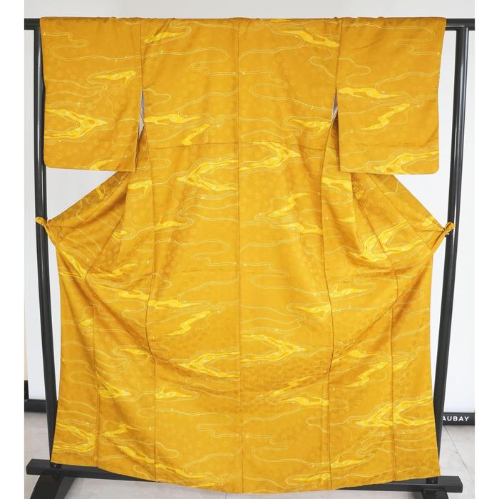 VINTAGE Kimono kosode yello-green momiji river For Height 157-167cm (maximum height for those who don't require an ohashori)