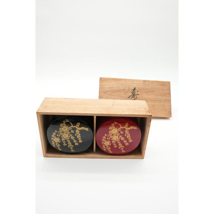 VINTAGE- High Class Japanese Lacquerware Small Plates Set – Black & Red Kotobuki Design (12 pcs)