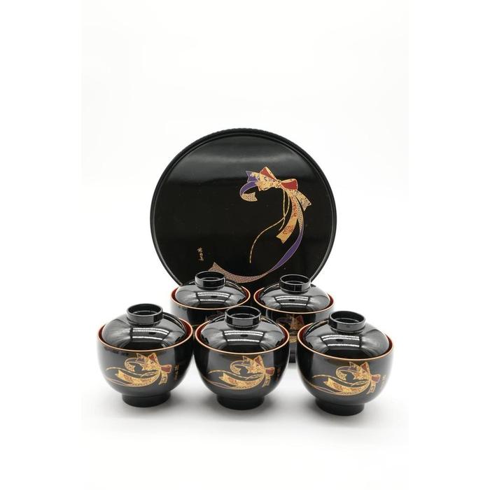 VINTAGE- YUMI KATSURA – Japanese Shikki Tray & Lidded Bowl Set (6 Pieces)