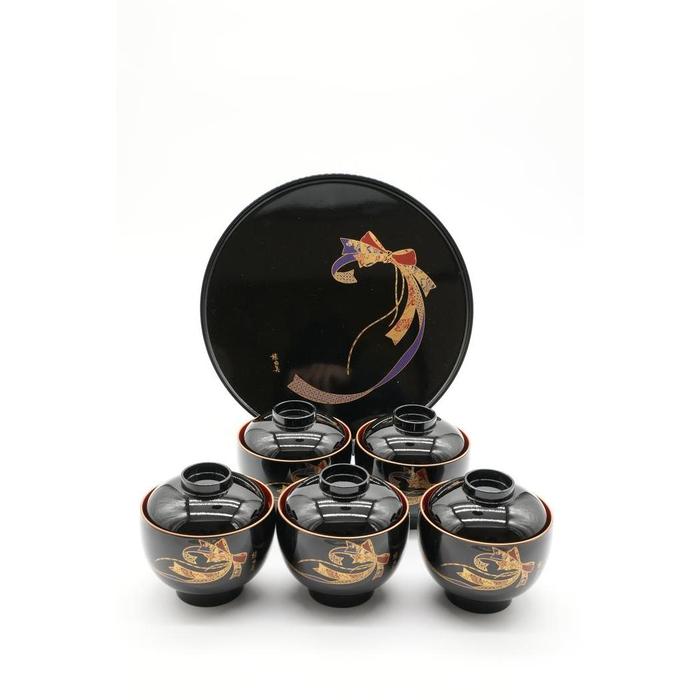 VINTAGE- YUMI KATSURA – Japanese Shikki Tray & Lidded Bowl Set (6 Pieces)
