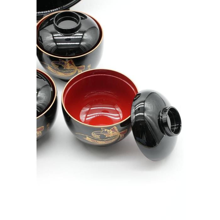 VINTAGE- YUMI KATSURA – Japanese Shikki Tray & Lidded Bowl Set (6 Pieces)