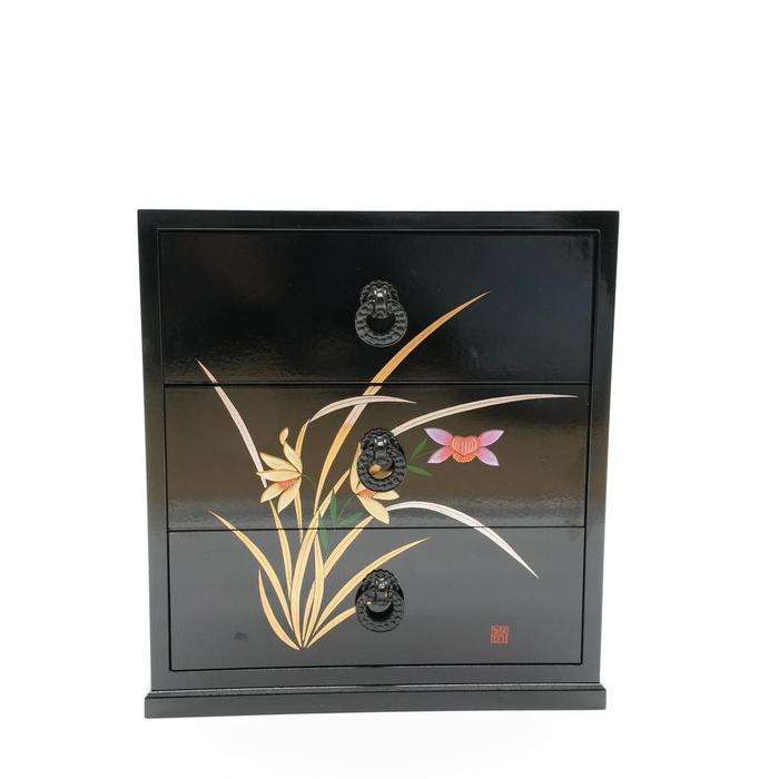 VINTAGE- Japanese Lacquered Chest of Drawers with Floral Motif
