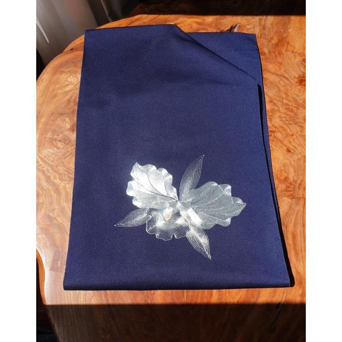 Vintage Japanese Nagoya Obi – Deep Navy with Silver Floral Motif