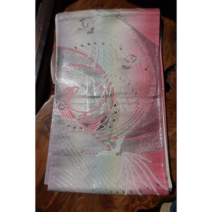 Vintage Japanese Fukuro Obi – Silver & Pink Crane Motif