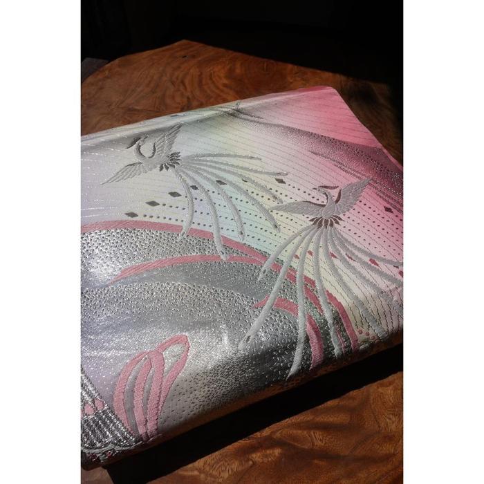 Vintage Japanese Fukuro Obi – Silver & Pink Crane Motif