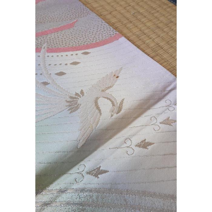 Vintage Japanese Fukuro Obi – Silver & Pink Crane Motif