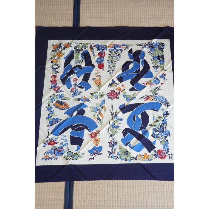 Vintage Japanese Cotton Furoshiki – Blue Calligraphy & Floral Motif
