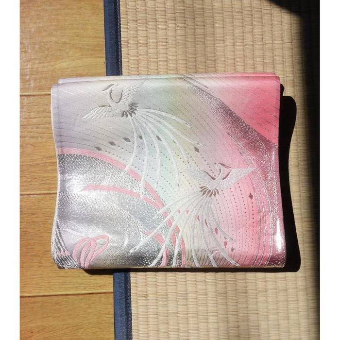 Vintage Japanese Fukuro Obi – Silver & Pink Crane Motif