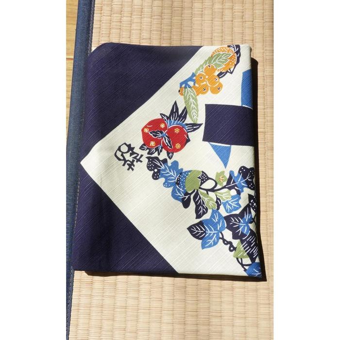 Vintage Japanese Cotton Furoshiki – Blue Calligraphy & Floral Motif