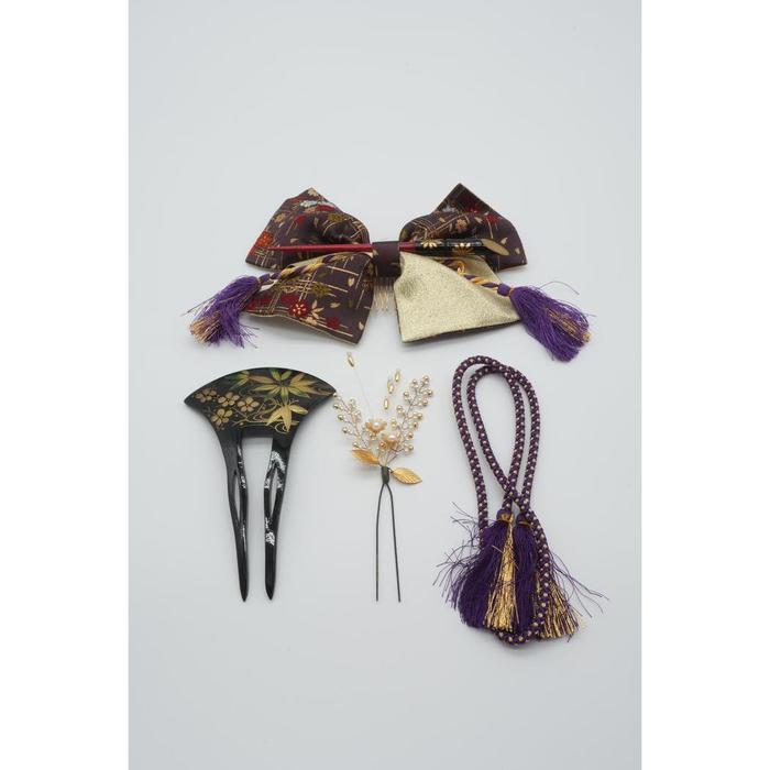 Vintage Japanese Hair Accessories Set – Kanzashi, Comb & Decorative Cord (Purple & Gold)