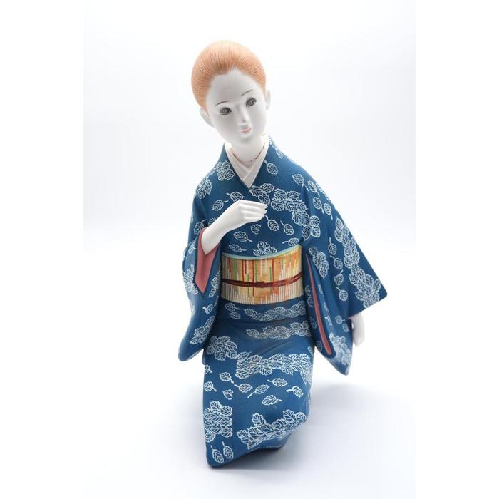 VINTAGE - Japanese Nihon Ningyo – Blue Kimono Lady Figurine with White Leaf Pattern