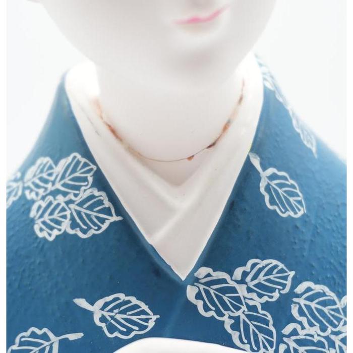 VINTAGE - Japanese Nihon Ningyo – Blue Kimono Lady Figurine with White Leaf Pattern