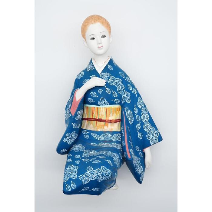 VINTAGE - Japanese Nihon Ningyo – Blue Kimono Lady Figurine with White Leaf Pattern