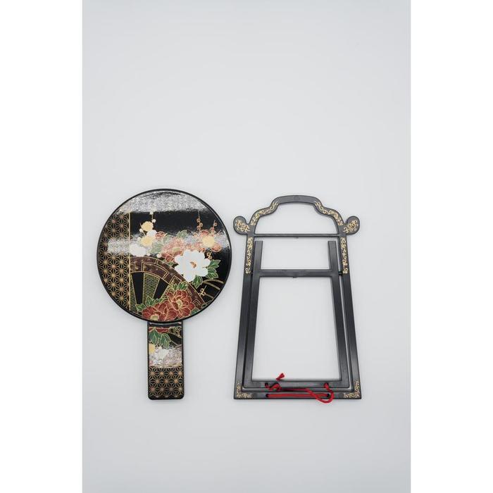 VINTAGE - Japanese Yamanaka Lacquerware Hand Mirror with Decorative Stand – Floral Makie Style Vanity Mirror