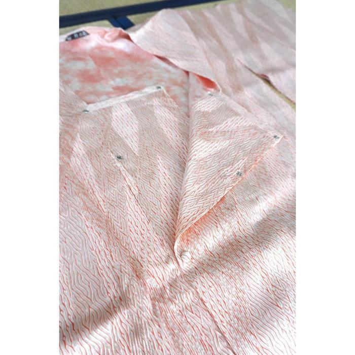 Vintage Japanese Ame Coat Haori with Matching Shawl – Pink Shibori Style Pattern, Universal Size