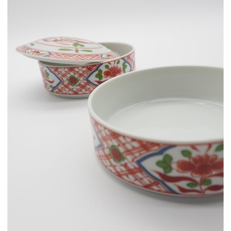 Vintage Japanese Arita-yaki / Double Tier Porcelain Bowl with Lid – Red Floral Akae Pattern