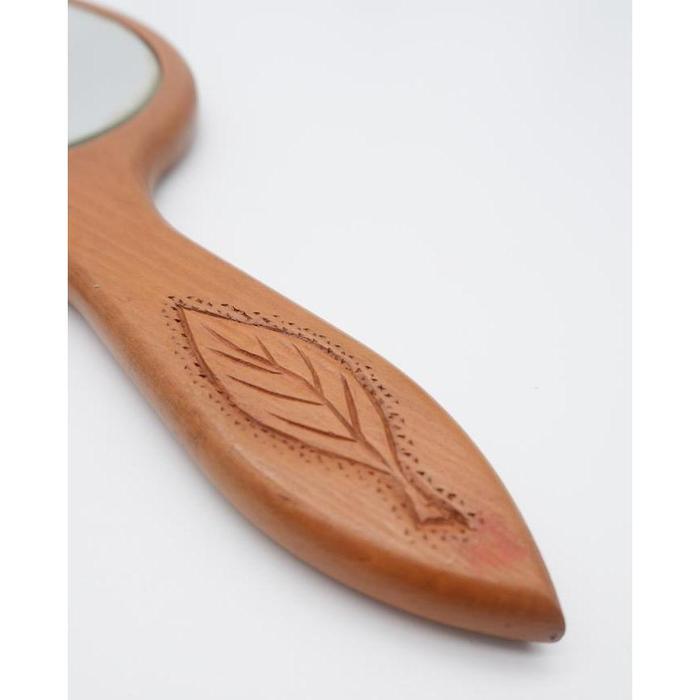 VINTAGE - Japanese Wooden Hand Mirror with Carved Floral Design
