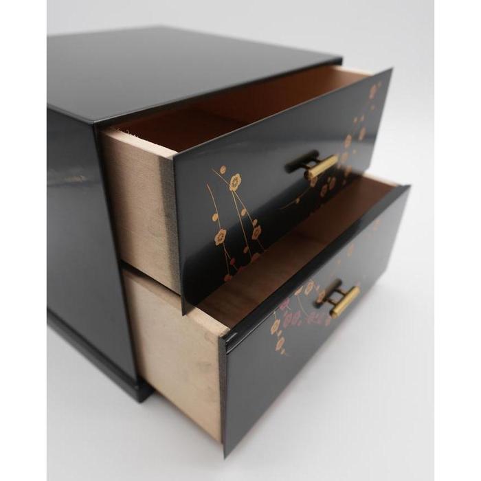 VINTAGE - Japanese Black Two-Drawer Jewelry Chest with Plum Blossom Design