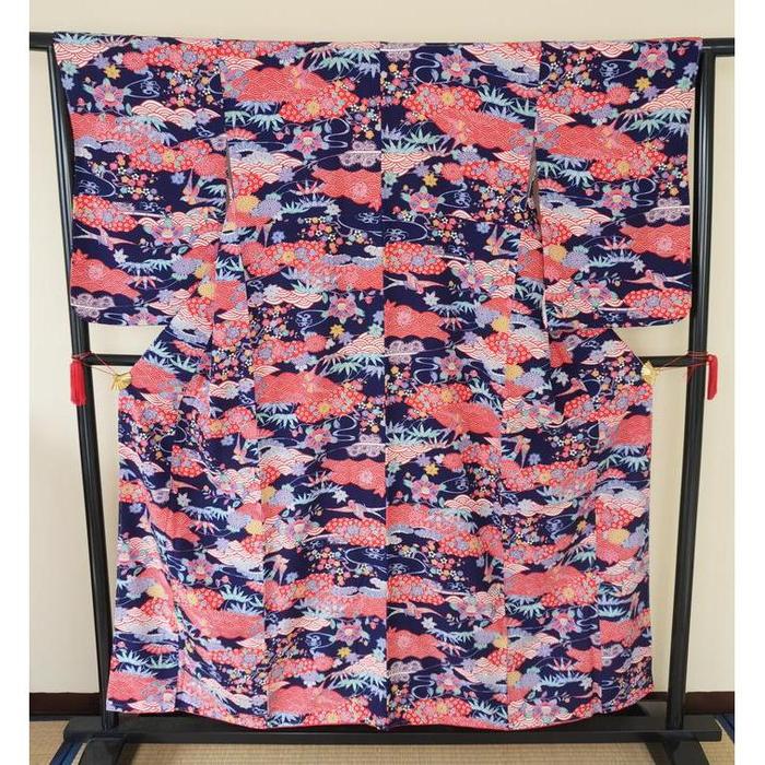 Vintage Navy Blue Koburisode Kimono with Colorful Floral & Wave Pattern, For Height 153–163 cm (maximum height for those who don't require an ohashori)