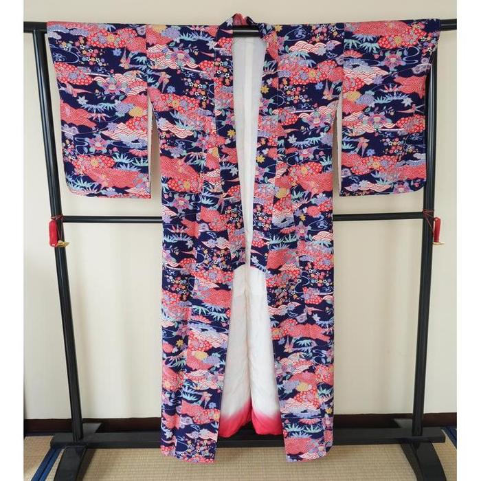 Vintage Navy Blue Koburisode Kimono with Colorful Floral & Wave Pattern, For Height 153–163 cm (maximum height for those who don't require an ohashori)