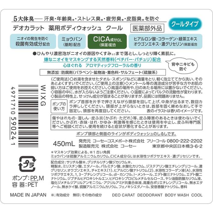 DeoCarat Medicated Deodorant Body Wash Cool 450mL – Cooling Body Cleanser [With Alcohol]
